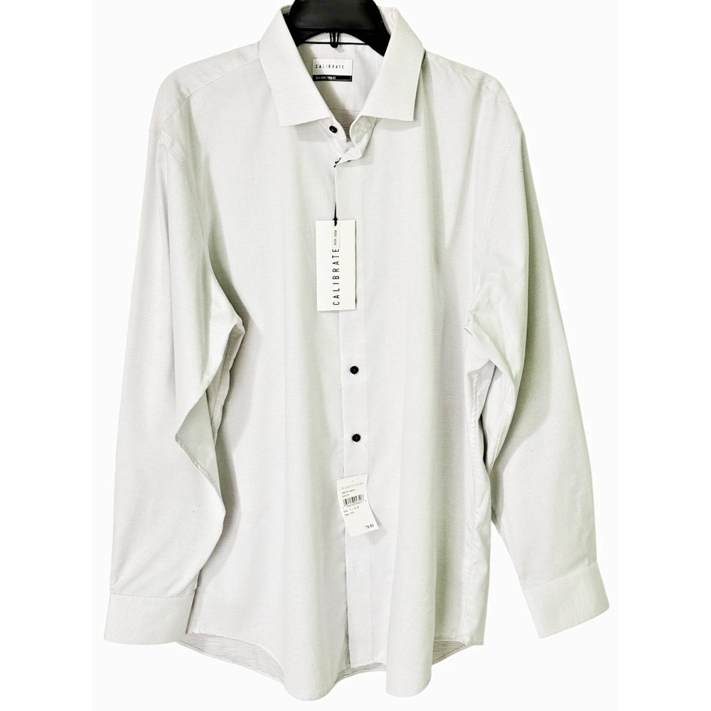 Calibrate Men's White Gray Micro Dot Button-Down Dress Shirt Trim Fit 17 34/35